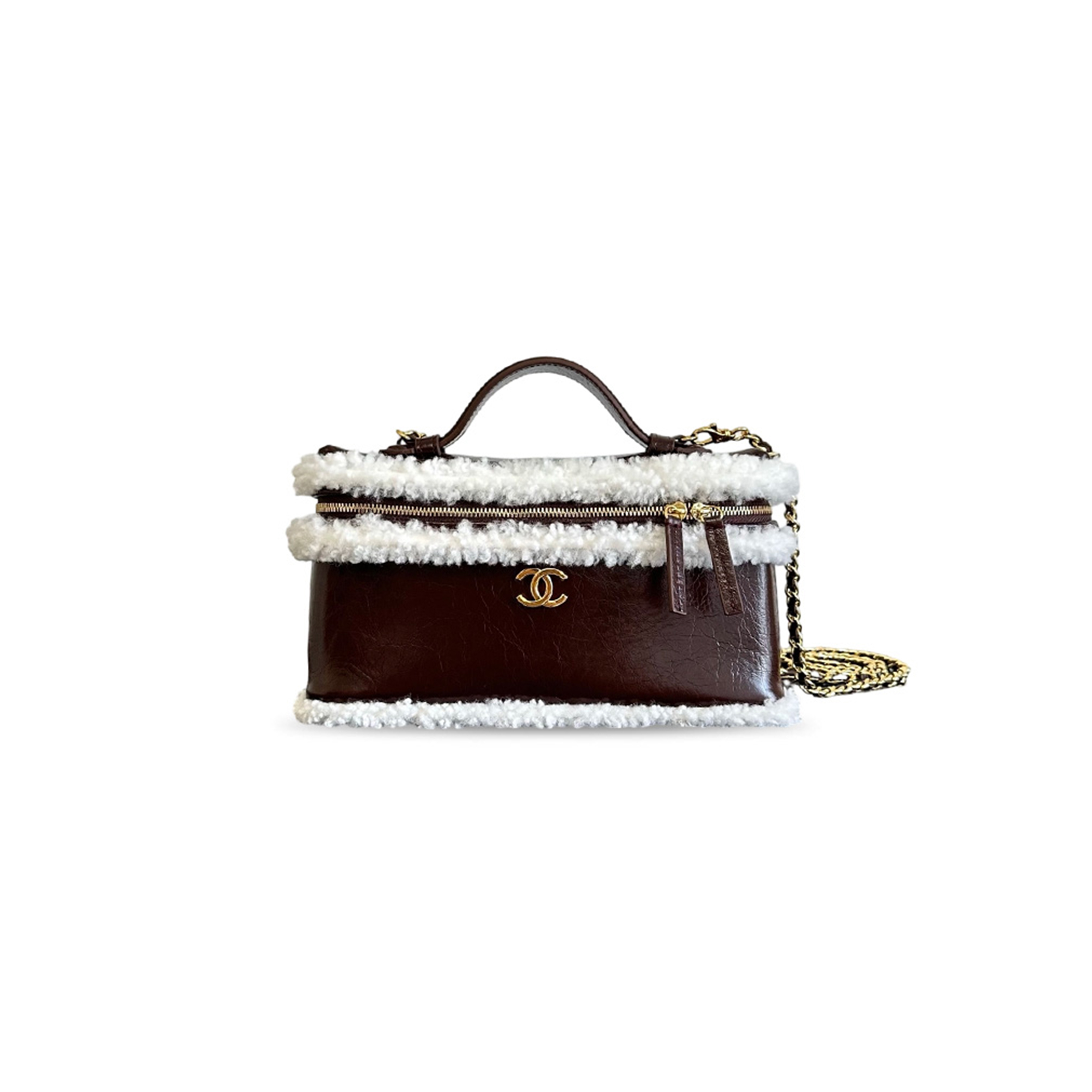 CHANEL TOP HANDLE LONG VANITY CASE WITH CHAIN DARK BROWN AGED CALFSKIN, ECRU SHEARLING GOLD HARDWARE (19.5*17*5cm)